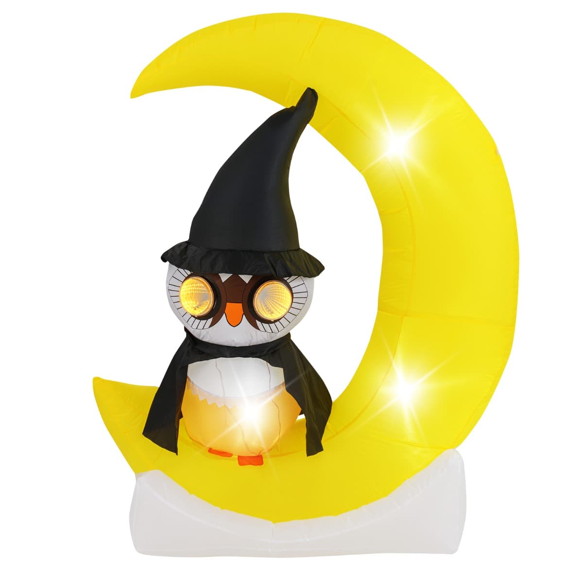 CostwayDécoration d'Halloween Eclairée par LED Hibou Gonflable sur Lune 130 x 155 cm avec Piquets et Sacs de Sable pour Cour Jardin Jaune